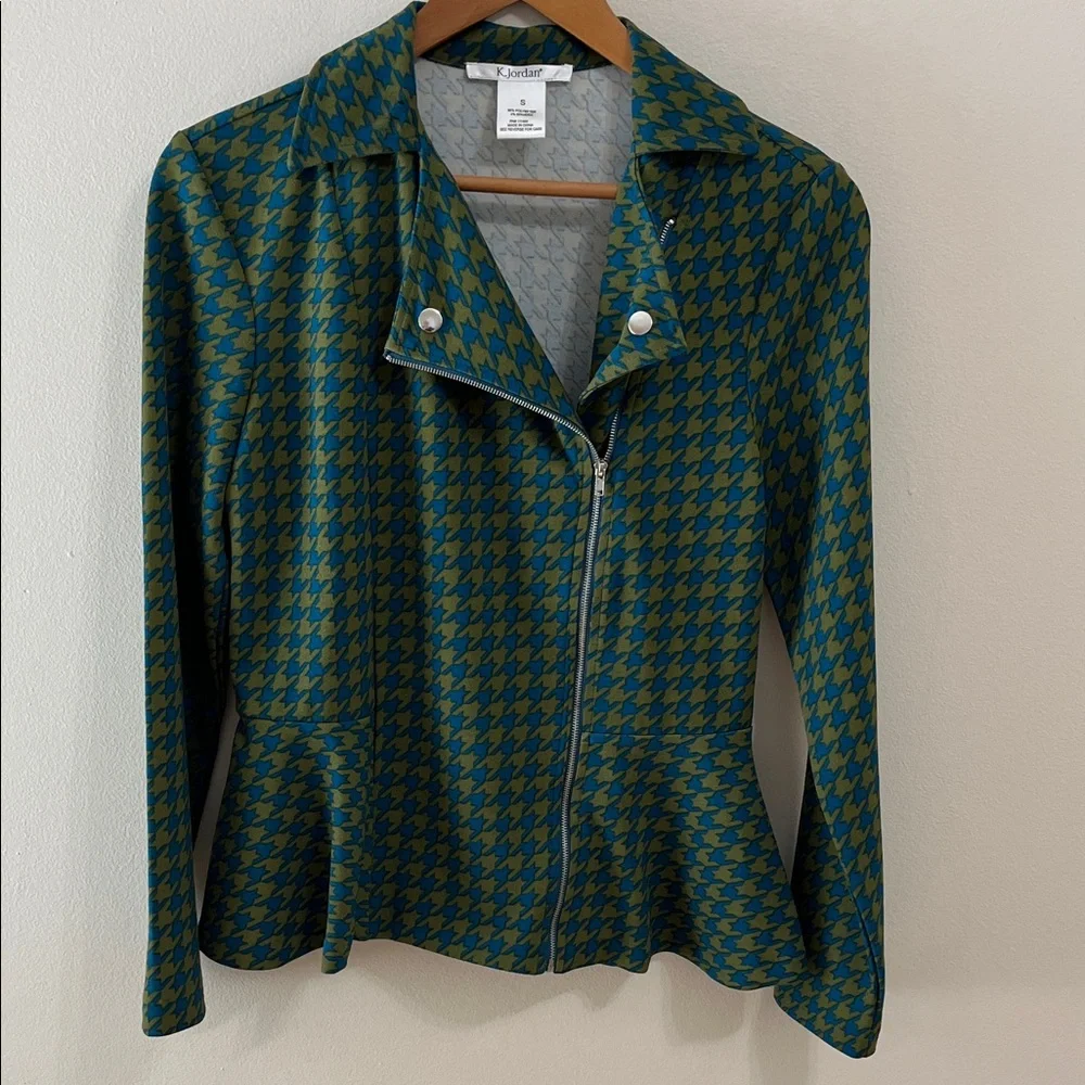 K Jordan Moto Houndstooth Blazer Jacket Top Size Small Green Blue lightweight